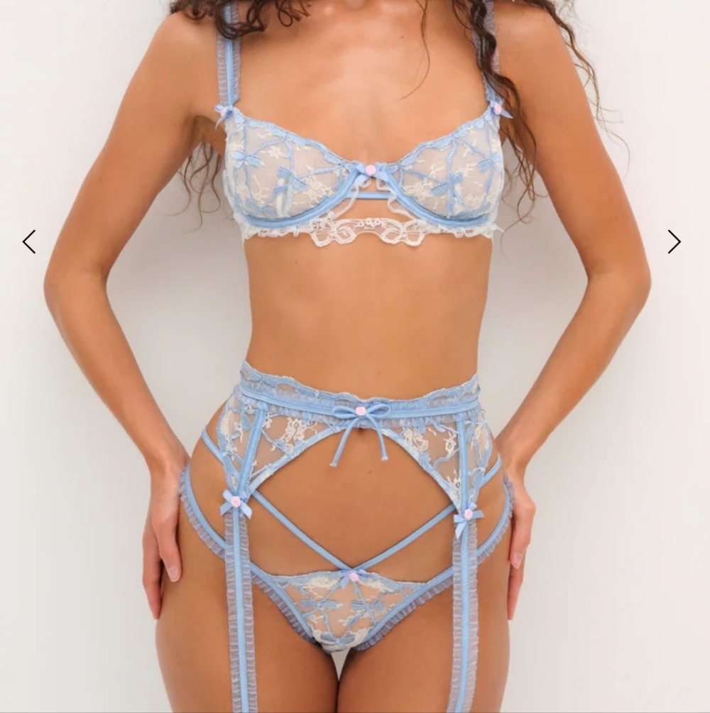 For Love & Lemons Brigitte Bow Blue Lace Bra 34C New In Bag